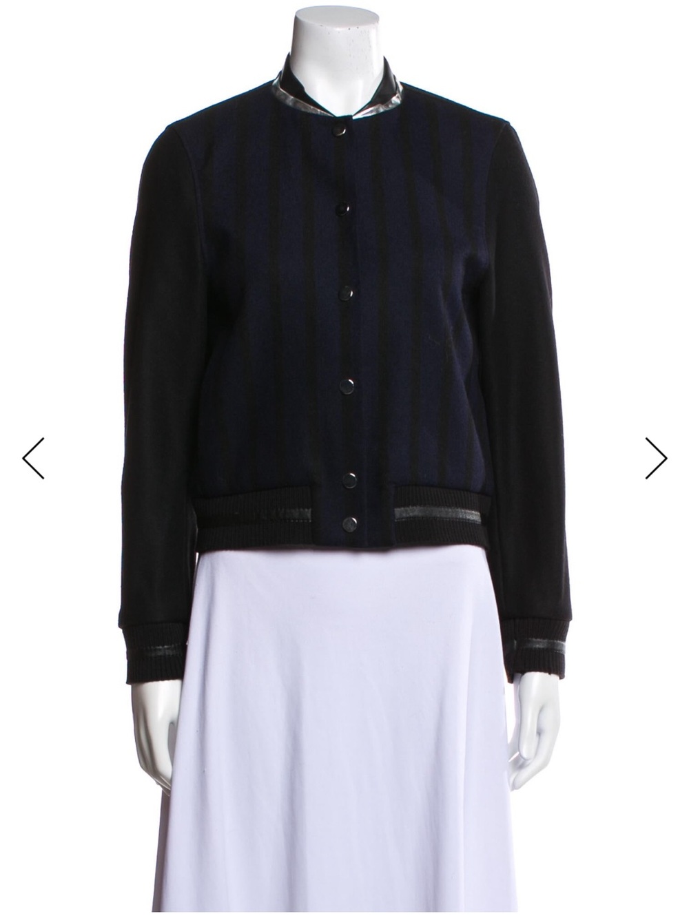 Maje Virgin Wool Navy and Black Stripe-Detail Bomber Jacket